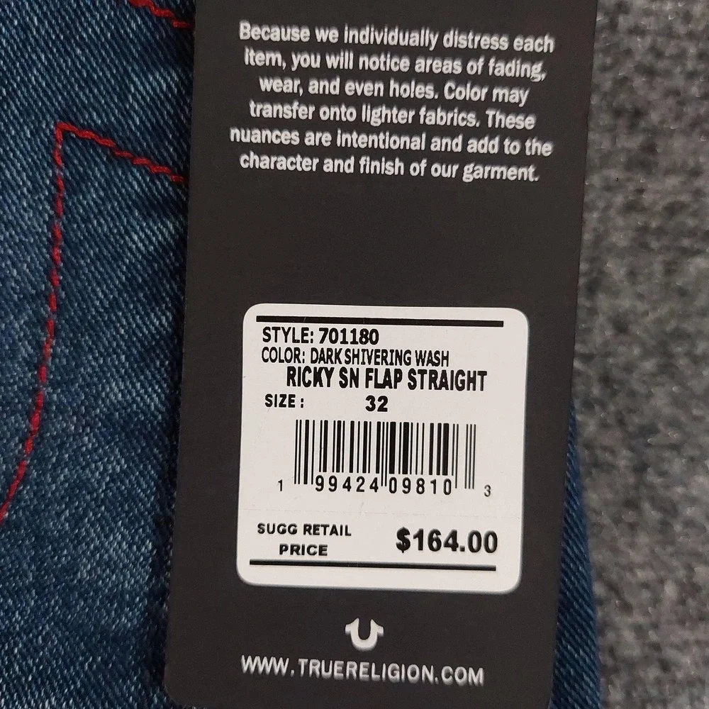 True Religion Ricky SN Flap Relaxed Straight Jeans Mens 32x34 Blue Dark Wash
